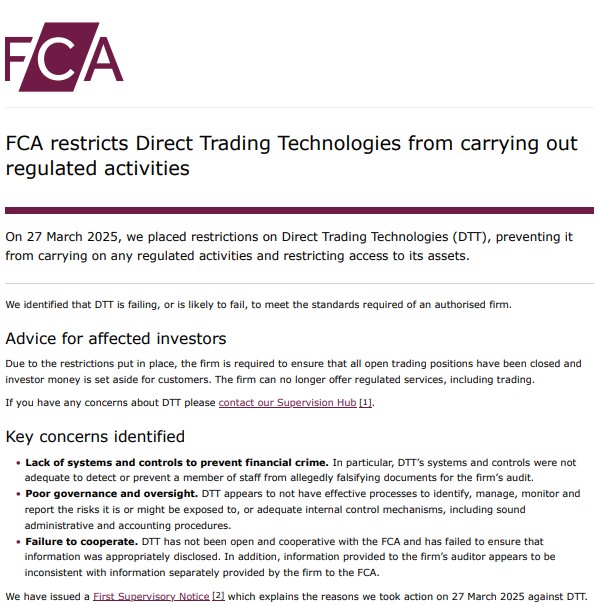 FCA 禁止 CFD 经纪商 Direct Trading Technologies,因审计记录“伪造”_激石外汇官网